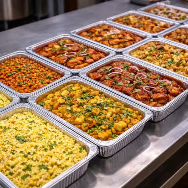 Multiple foil trays filled with various Indian dishes, including rice, curries, and vegetable preparations.