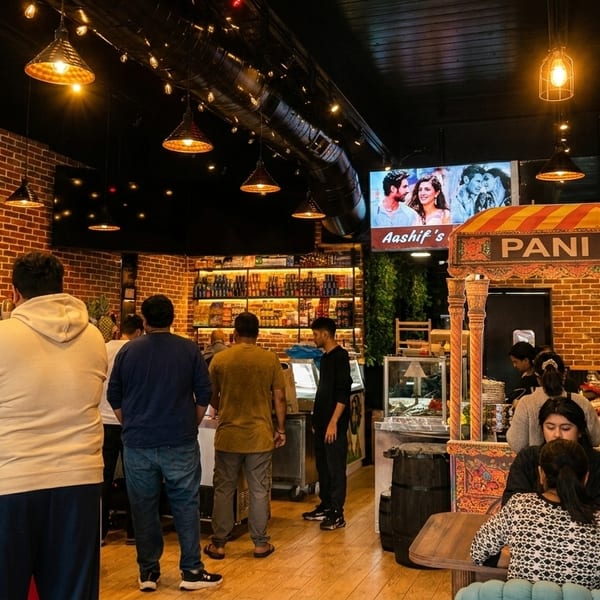 Diners and staff inside Aashif's restaurant, featuring a Pani Puri stall and brick walls.